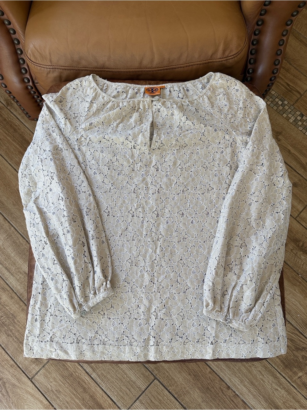 Tory Burch Lace Embellished Long Sleeve Semi-Sheer Top Sz 10 Cream White Ivory